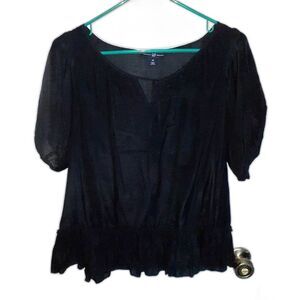 GAP Silk Cotton Top Black S Flowy Blouse Lightweight Ruffled Summer Scoop Neck